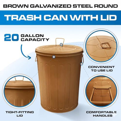 Plexon 20 Gallon Metal Trash Can with Lid Outdoor Large Trash Bin Steel Garbage Can for Garage Patio Farmhouse Bucket Bird Seed Storage Can Heavy Duty Round Container, Brown - color: Brown