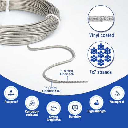 TooTaci Turnbuckle Wire Tensioner Kit, 100ft 1/16 Vinyl Coated Wire Rope - color: 30M+M5 Turnbuckle Wire Tensioner Kit