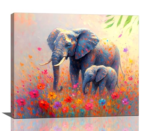 Funny Elephant Canvas Wall Art Colorful Flowers Elephant Painting Pictures Print Artwork Decoration for Bathroom Bedroom Nursery Wall Decor Canvas Framed Gifts 20”X24” - color: Banksy Elephant, size: 24"L x 20"W