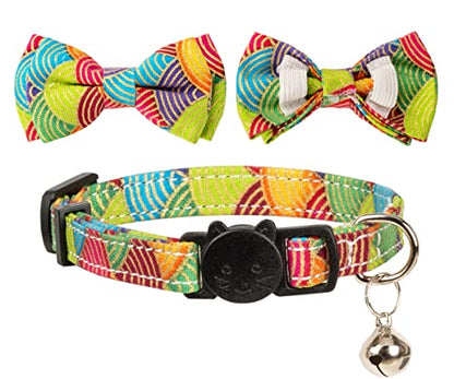 Collar for Cat Pet Breakaway with Bell Bowtie Detachable Bow Adjustable Safety Kitten Puppy Girl Boy 2pcs Kimono-Green & Purple - color: Kimono-Green & Purple