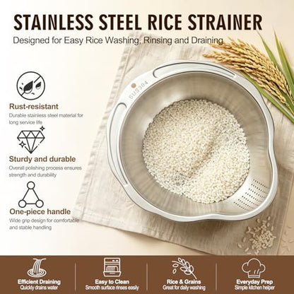 Palksky Rice Strainer & Rice Washing Bowl Stainless Steel - 5.6 Qt Professional Fine Mesh Rice Washer for Kitchen - Heavy Duty Rice Rinser, Cleaner & Drainer Colander for Quinoa, Grains & Fruit - color: 5.6 Qt Rice Strainer