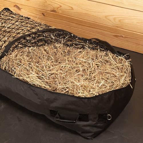 Schneiders Full Bale Hay Bag with Knotless 1.25" Slow Feed Hay Net for Horses | Durable 900D Horse Hay Feeder | Fits Standard 2-String Bale | Full-Zip Front | Barn & Trailer Feeding | Color Black