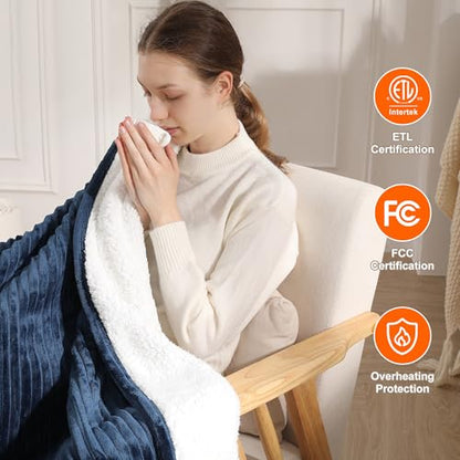 Heated Blanket Throw Electric Throw Blanket Warming Blanket for Adults - color: Navy Blue, size: Throw(50"x60")