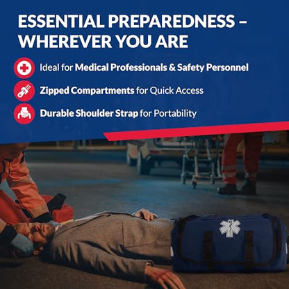 First Responder Trauma First Aid Kit Bag – Fully Stocked Emergency Medical Kit for Workplace, Vehicle & Home – OSHA & ANSI Compliant – Portable – Blue - color: Blue