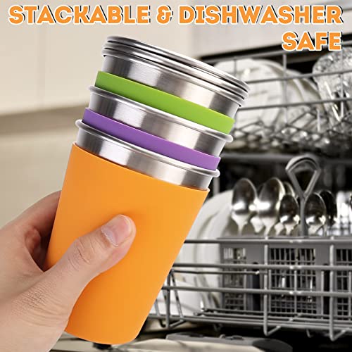 ShineMe Kids Stainless Steel Cups, 12oz Kids Metal Drinking Glasses with Lids and Sleeves, Unbreakable Spill Proof Cups for Kid and Adult, Stacking Sippy Cups for Hot Chocolate & Cold Drinks 5Pack - color: purple,green,blue,red,orange