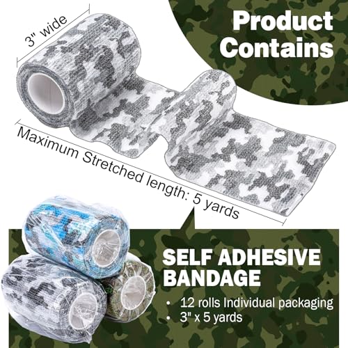 AZEN 12 Pack Camo Self Adhesive Bandage Wrap, 3" X 5 Yards Elastic Cohesive Bandage Wrap, Athletic Tape, Tattoo Tape Wrap, Vet Wrap, Ankle Tape (Camo) - color: Camo, size: 3IN - 12Pack