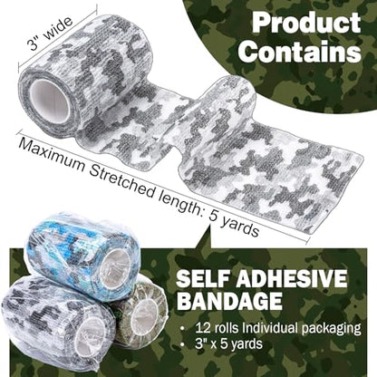AZEN 12 Pack Camo Self Adhesive Bandage Wrap, 3" X 5 Yards Elastic Cohesive Bandage Wrap, Athletic Tape, Tattoo Tape Wrap, Vet Wrap, Ankle Tape (Camo) - color: Camo, size: 3IN - 12Pack