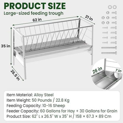 62'' Long Goat Feeder with 26'' Wide Tray, 90 Gallon Heavy Duty Alloy Steel Goat Hay Feeder for Goats Sheep Lambs Horses Farms Sheds, Ease of Assembly, Rust-Proof, Detachable Grain Tray - style: Alloy Steel