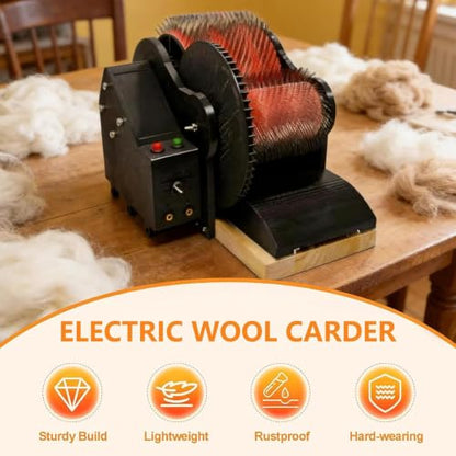Electric Wool Carder, Adjustable Forward and Reverse Speed,Wool Fiber Drum Carding Machine with Brush & Awl, Foot Pedal, Quickly Remove Fiber Impurities, for Color Mixing Carding