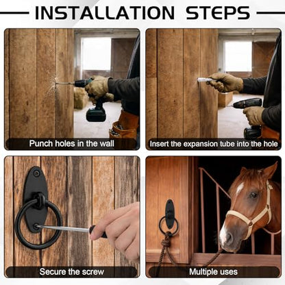 Fumete 4 Pcs Horse Tie Rings, Solid Steel Cross Tie Rings with Screws & Expansion Anchors, Wall Mount for Barn Stall Fence Concrete Trailer Grooming, Cross Tying & Tethering, Black (Oval)