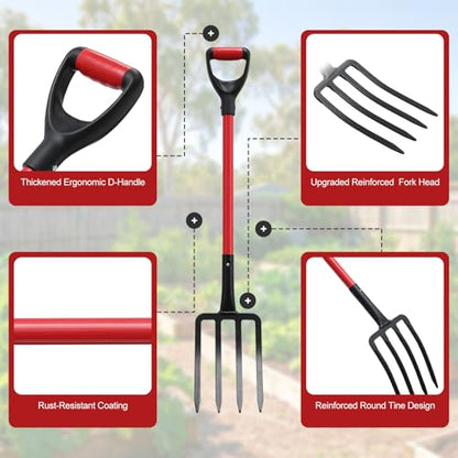 47IN Garden Pitchfork, One-piece Design 4-Tine Garden Fork Heavy Duty Digging Manure Forks for Potato Digging Mulch Spreading Loosening Soil Hay Compost Aeration Transplanting Farm Garden