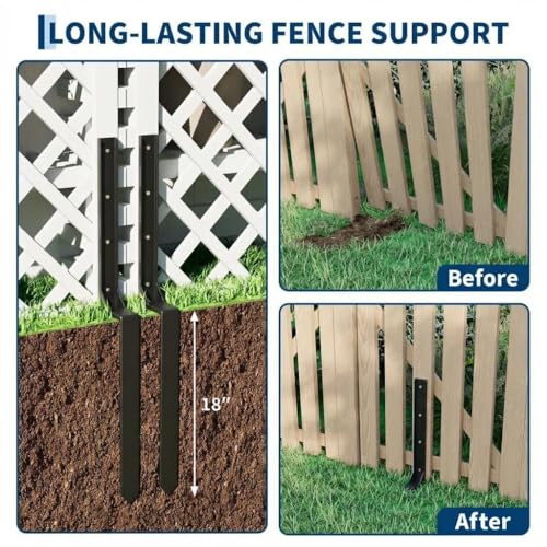 6 PC Fence Post Repair Kit-Leaning Fence Fixer for Broken 4x4/6x6 Wood Posts with 11-Gauge Steel Anchor Stakes Support, Easy Installation, Weather Resistant Black Powder Coated