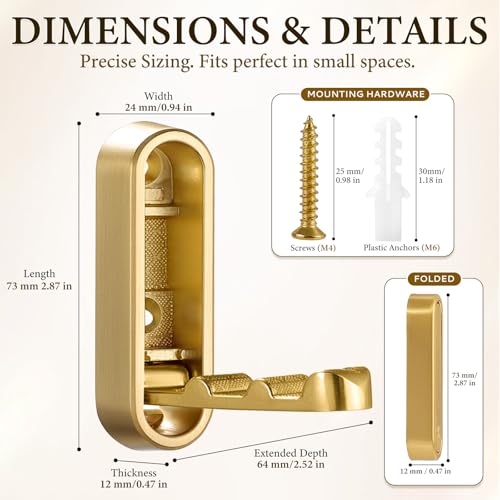 Folding Wall Hooks, 2 Pack Gold Heavy Duty Coat Hooks, Screw Mounted - color: Gold, size: 2 Pack