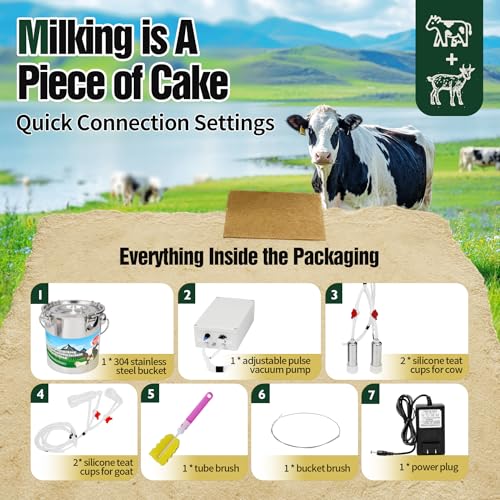 2-in-1 Upgrade 0.8Gal/3L Portable Plug in Milker, Milking Machine for Cows and Goats with Food-Grade Stainless Steel Bucket, 4 Teat Cups and Pulsation Vacuum System for Farm, Ranch and Home Dairy Use