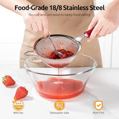 U-Taste Fine Mesh Strainer, 18/8 Stainless Steel Sieve 30 Mesh, M/Red - color: (4) Red, size: M-4.73in