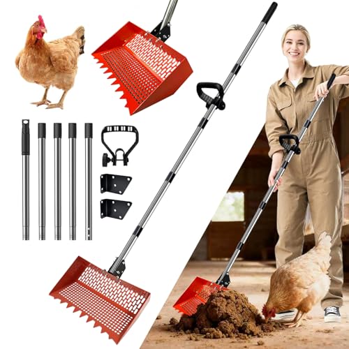 Chicken Coop Scoop (22 to 75") Chicken Coop Rake and Scoop with Grip 5 Section Extra Long Handle Chicken Pooper Scooper for Sand Metal Chicken Cleaning Tools Livestock Rake (Orange) - color: Orange