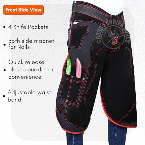 – Premium Cowhide Leather Farrier Apron | Adjustable Waist | Breathable Air Mesh Lining, Foam Knee Pads, Magnets & Knife Pockets | Professional Hoof Trimming Chaps (70cm - 27inch) - color: Red- Black, size: 70cm - 27inch