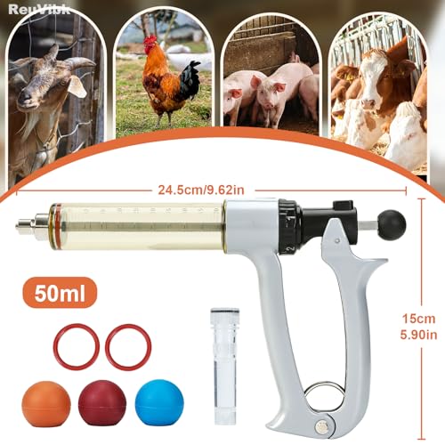 50ml Semi-Auto Repeating Livestock Syringe Gun, 5 Dose Settings - color: Silver Gray50ML-B