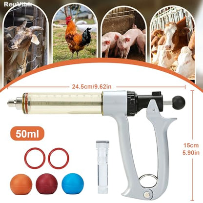 50ml Semi-Auto Repeating Livestock Syringe Gun, 5 Dose Settings - color: Silver Gray50ML-B