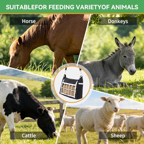 Slow Feeder Horse Hay Bag, Design for Goats ,Horse ,Donkey ,Sheep,Premium Oxford Hay Feed Bags with Front Hay Nets Design, Large Opening with Drawstring and Adjustable Strap for Easy Hanging, 1 pc - size: 1 Pcs