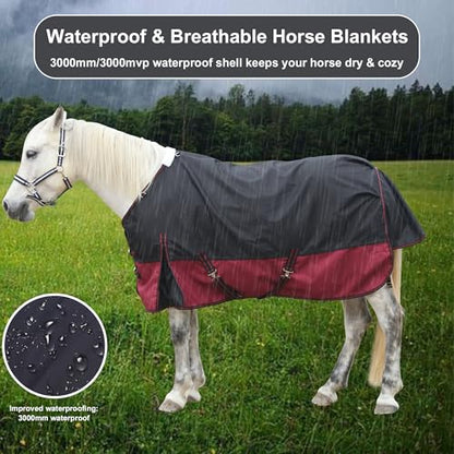 1200D Horse Blanket, 200g Medium Weight Waterproof Winter Turnout - color: Wine, size: 81"