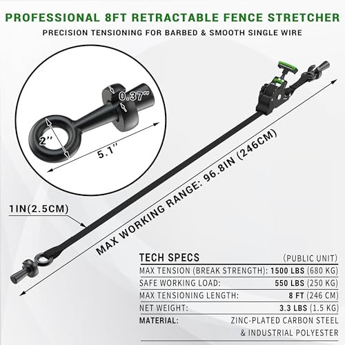 Fence Wire Stretcher Tool, Heavy Duty Barbed Wire Fence Stretcher, Dual-Mode Retractable Ratchet Wire Puller & Tensioner, for Barbed & Smooth Wire, 8ft Reach, Ultra-Lightweight 3.3 lbs - size: Wire Stretcher Tool + Wire Pullers
