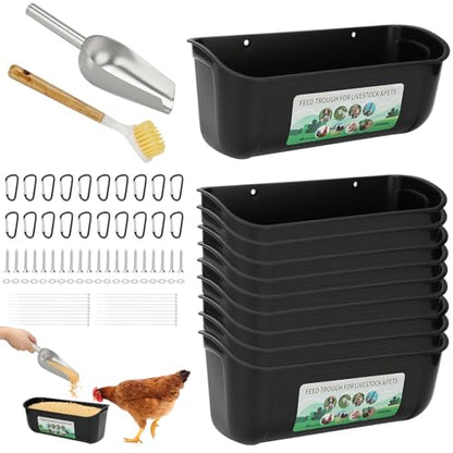 10 Pack Fence Feed Feeder 4.5 Quart Hanging Chicken Feeder Trough with Brush & Scoop Black Goat Hanging Fence Feeders Feeder with Hooks Screws & Zip Tie for Livestock Feeding Container Goats Supplies - color: Black, size: 10 Pack