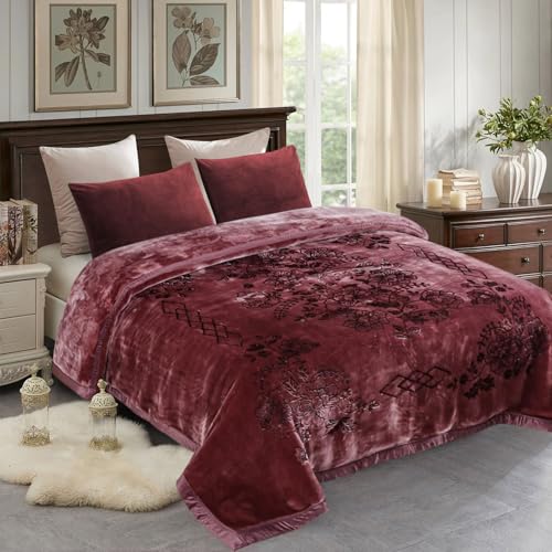 JML Plush Fleece Blanket 87" x 94", 10.5 Pounds Korean Style Mink Blanket King Size for Winter - Soft and Warm, 2 Ply A&B Printed Embossed Raschel Bed Blanket (Flowers Branches Woodrose) | Korean Style, 2 Ply, A&B Printed Embossed, Soft, Warm for Winter (