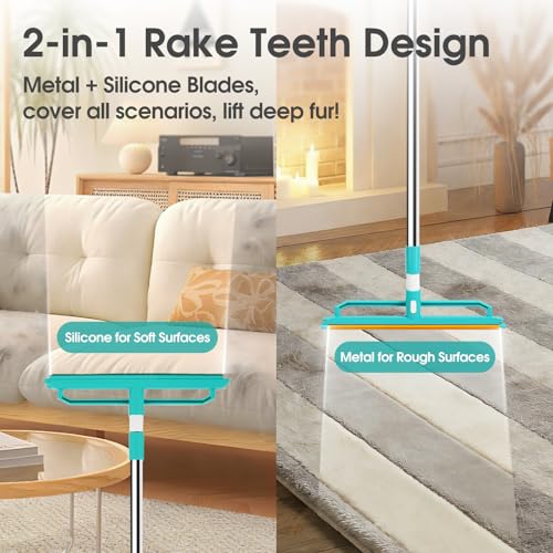 Carpet Rake for Pet Hair Removal, 2 in 1 Silicone and Copper Rake Teeth Carpet Rake with 59” Adjustable Long Handle, Reusable Pet Hair Remover Tool Kit with Carpet Scraper and Glove - size: 59”