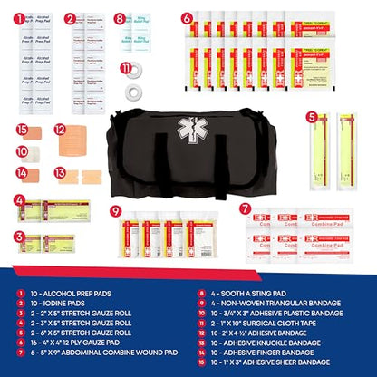 First Responder Trauma First Aid Kit Bag – Fully Stocked Emergency Medical Kit for Workplace, Vehicle & Home – OSHA & ANSI Compliant – Portable – Tactical Black - color: Tactical Black
