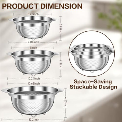 Stainless Steel Colander for Kitchen, Stainless Steel Strainer, Pasta Strainer for Spaghetti Fruit Cooking Food, 3 Pcs Strainers and Colanders(2QT, 3QT, 5QT), Dishwasher Safe, Kitchen Present - size: 2+3+5QT