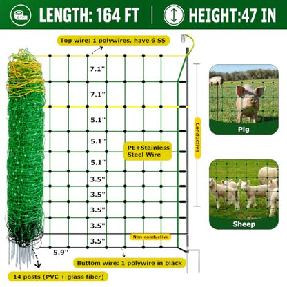 Electric Fence Netting, Electric Netting Fence 47.2"H x 164'L 2-Spike Posts - size: 47.2in H*164ft L