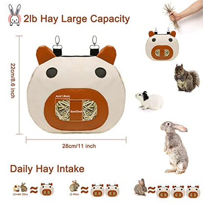 Rabbit Hay Feeder Bag with 2 Hanging Hooks for Small Animal Cage Mess Free | Guinea Pig Timothy Hay Dispenser Storage Mamger Large Less Waste for Bunny, Cute Shape Decor