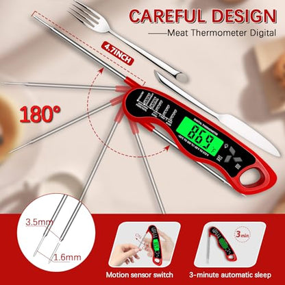 Cooking Thermometer，IP67 Waterproof Meat Thermometer Digital - color: Red