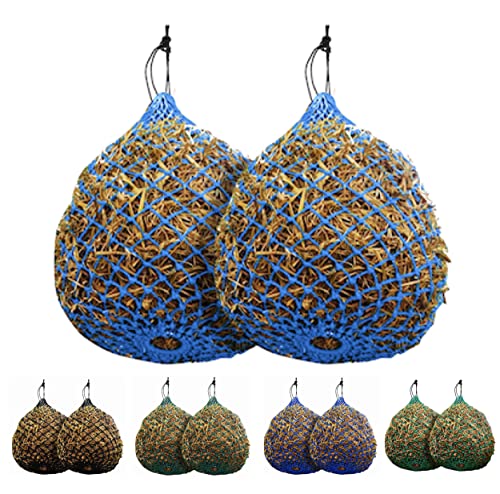 Majestic Ally 2 Pcs 1.25”x1.25” Holes Ultra Slow Feed 40” Very Sturdy Hay Net with Bottom Ring for Goat, Sheep and Livestock Simulatr grazing, Reduces Waste (Hurricane Blue) - color: Hurricane Blue