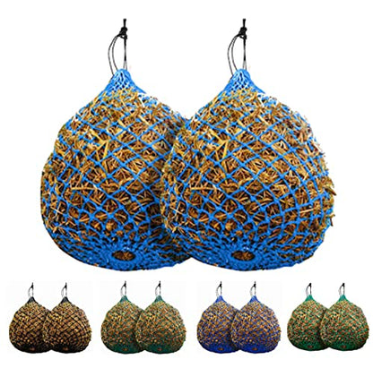 Majestic Ally 2 Pcs 1.25”x1.25” Holes Ultra Slow Feed 40” Very Sturdy Hay Net with Bottom Ring for Goat, Sheep and Livestock Simulatr grazing, Reduces Waste (Hurricane Blue) - color: Hurricane Blue