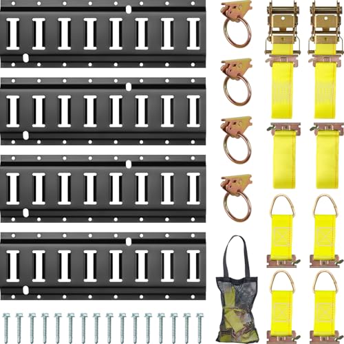 E Track Tie-Down Rail Kit, Trailer Tie Downs, 31 Pcs Set Etrack kit | 4 Rails , 4 Rope Tie Offs, 4 O Ring Anchors, 2 10ft straps, Securing Accessories for Garages, Vans, Trailers, Cargo (Yellow) - color: Yellow
