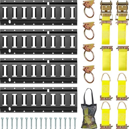 E Track Tie-Down Rail Kit, Trailer Tie Downs, 31 Pcs Set Etrack kit | 4 Rails , 4 Rope Tie Offs, 4 O Ring Anchors, 2 10ft straps, Securing Accessories for Garages, Vans, Trailers, Cargo (Yellow) - color: Yellow