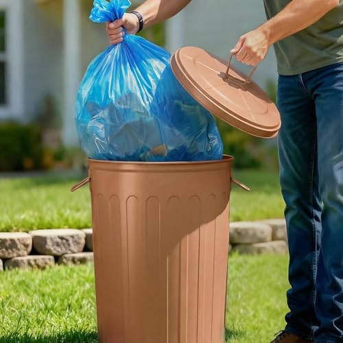 Plexon 20 Gallon Metal Trash Can with Lid Outdoor Large Trash Bin Steel Garbage Can for Garage Patio Farmhouse Bucket Bird Seed Storage Can Heavy Duty Round Container, Brown - color: Brown