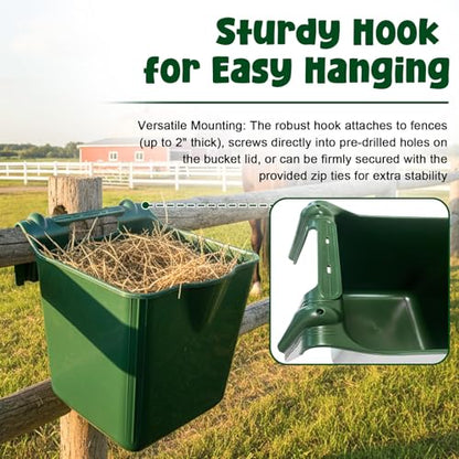 Horse Feed Bucket, 15 Quart Plastic Stall Hook Over, Green 4-Pack