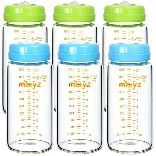 Matyz Glass Breastmilk Storage Set, 6 Pack 10oz, Compatible with Spectra Medela Philips Avent Pumps, Wide-Mouth Leakproof Containers for Freezing & Feeding, BPA-Free (3 Green & 3 Blue Lids) - color: [6 Pack] 3 Green & 3 Blue Lids - 10 Ounce Borosilicate G