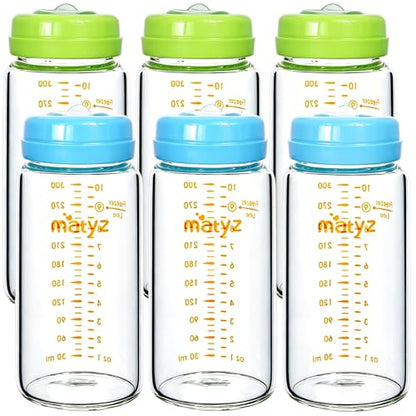 Matyz Glass Breastmilk Storage Set, 6 Pack 10oz, Compatible with Spectra Medela Philips Avent Pumps, Wide-Mouth Leakproof Containers for Freezing & Feeding, BPA-Free (3 Green & 3 Blue Lids) - color: [6 Pack] 3 Green & 3 Blue Lids - 10 Ounce Borosilicate G