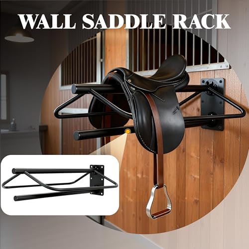 Wall Mounted Saddle Rack with Blanket Bar, Heavy Duty Metal Horse Saddle Stand for Western Saddles, Space Saving Tack Room Organizer for Barns, Stables & Trailers (1)