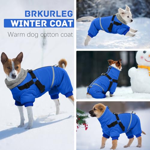 BRKURLEG Blue Dog Winter Coat, Cozy Winter Dog Jackets, Small Dogs Coat with Harness, Onesie Body Warm Puppy Christmas Jacket, Pet Reflective Cold Weather Jackets, Puppy Four-Legged Puffer Coats, M - color: Blue, size: Medium