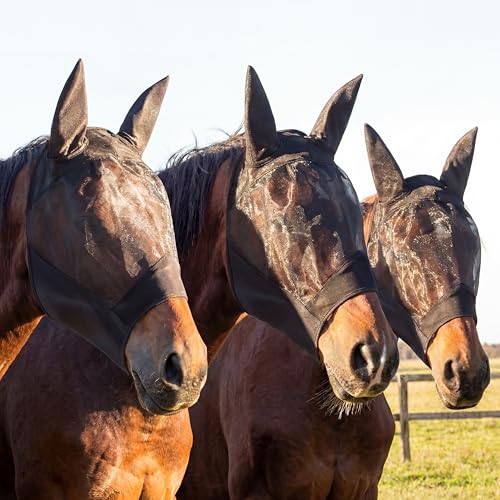3 Pcs Horse Fly Mask with Long Nose and Ear, Black Meshs