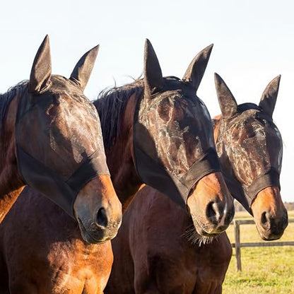 3 Pcs Horse Fly Mask with Long Nose and Ear, Black Meshs