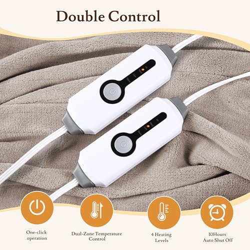 Electric Heated Blanket 90"×100" King Size, Smooth & Fuzzy Cozy for Bed, Couch, Office, 4 Heating Levels & 10H Auto-Off, Dual Controller, Overheat Protection, Parents's Gifts - Light Brown - color: 07-brown, size: King Size (90"x100")