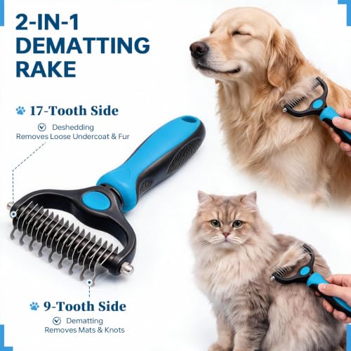 Pet Grooming Comb, Deshedding Dog Brush & Undercoat Rake, Blue - color: Blue