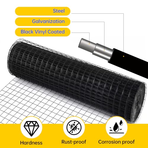 Hardware Cloth, 1/2 inch 48" x 50' Galvanized Chicken Wire Fence, 19 Gauge Vinyl Coated Wire Mesh Roll, Black Welded Wire Fencing Roll Gopher Wire Mesh Roll for Garden Fencing Rabbit Snake Wire - color: 48" x 50' Black