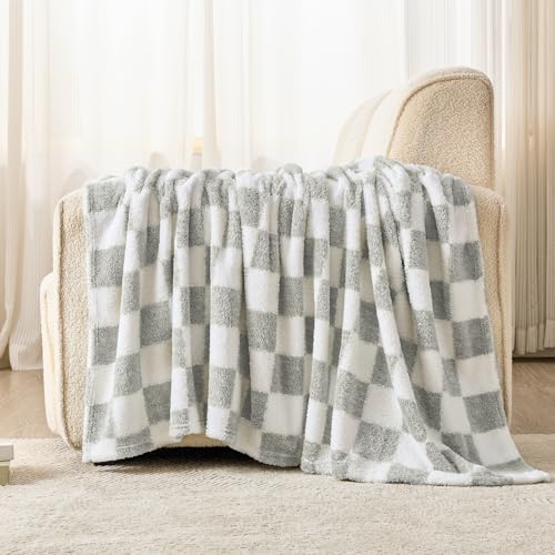 EMME Checkered Blanket Queen Size - 80"x90" Grey Knit Blanket Soft Fluffy Patterned Throw Blankets for Couch, Sofa, Chair, Bed, Camping, Picnic, Travel - color: 23-checkered Grey, size: Queen